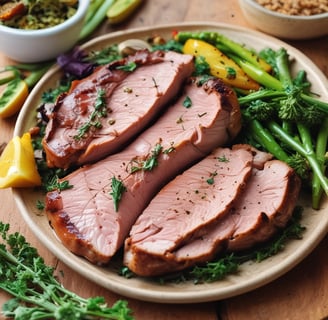 A variety of foods arranged on a wooden table, including a hot dog with mustard, French fries, a roasted chicken, samosas, a burger, and scattered lettuce leaves. Each dish is placed on a black plate, surrounded by assorted vegetables like cucumbers, tomatoes, and lime.