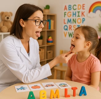 Profissional ensinando técnica para desenvolvimento de fala para uma criança