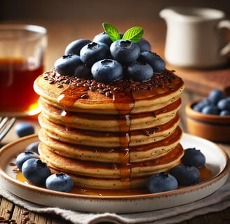 a stack of no egg pancakes with syrup and blueberries