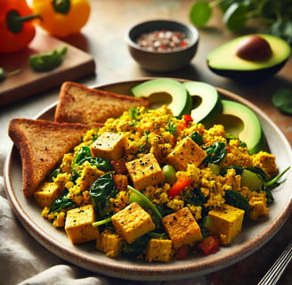  egg-free tofu scramble with sautéed vegetables, toast, and avocado