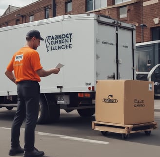 A delivery person is reclining on a blue scooter with a large Lazada-branded cargo box. The person is casually using a smartphone. The cargo box features a green and orange logo and the text 'Ship xanh, giao nhanh'. The setting appears to be an outdoor location with a worn plaster wall and some grass and stones on the ground.