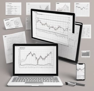 A person holds a smartphone displaying a stock market trading app with candlestick charts. A laptop is on a wooden table with a similar financial chart, indicating active trading or analysis. The setting suggests a home office or casual workspace.