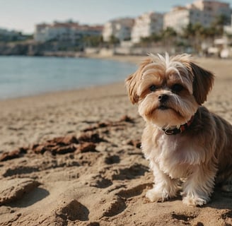Cute little Maltese dog with soft brown fur on the beach