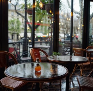 Empty tables waiting for customers in a parisian cafe on a rainy day