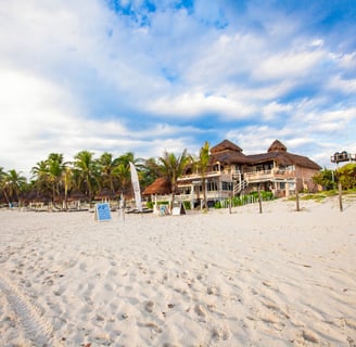 Picturesque bungalow-hotel on tropical beach, Mexico, Tulum
