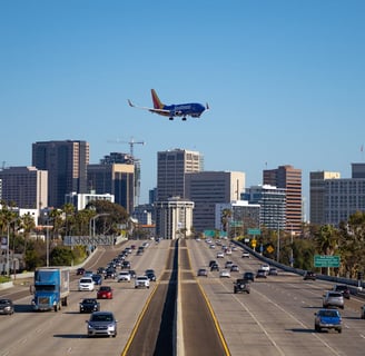 Southwest plane over a freeway