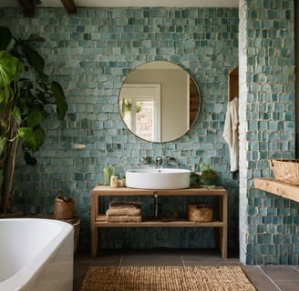 displays a bathroom wit eco friendly tiles