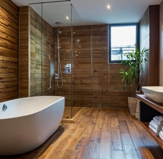 this image shows a bathroom with bamboo floor tiles, eco friendly tiles.