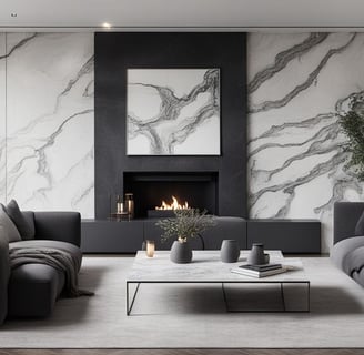 high end living room design | modern interiors grey and white combination | focal point : white marble accent wall 