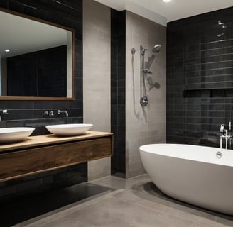 modern bathroom dark subway tiles