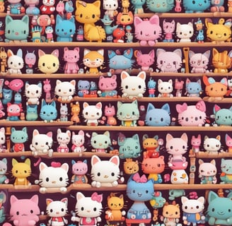 A collection of cute, colorful plush toys is displayed on a set of pink platforms. The toys have large, expressive eyes and resemble popular cartoon characters. Around the toys, there are small, colorful blocks, adding to the vibrant aesthetic.
