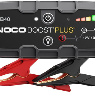 NOCO Boost Plus GB40 Jump Starter in action, reviving a car battery with its compact design, LED flashlight, and spark-proof