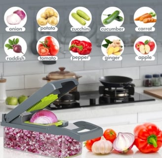 Ourokhome vegetable chopper slicer dicer with 7 stainless steel blades and storage container.