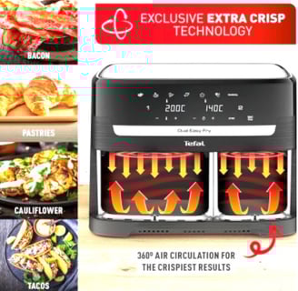 Tefal Easy Fry Dual Zone 8.3L Air Fryer with dual baskets and sleek black & metal design.