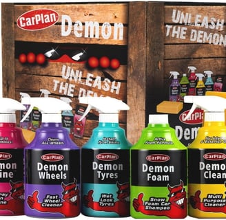 CarPlan Demon 7pc Car Care Gift Pack – All-in-one car cleaning kit with Demon Shine, Demon Wheels, and eco-friendly formulas.