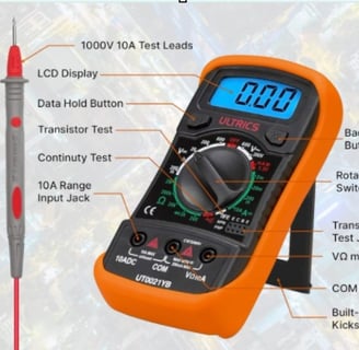 ULTRICS Digital Multimeter with test leads and backlit LCD screen