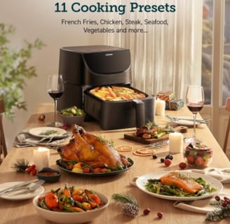 COSORI Air Fryer 5.5L with non-stick basket and sleek black design.