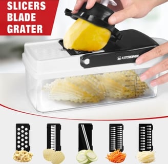 16-in-1 vegetable chopper slicing cucumbers and carrots with interchangeable blades.