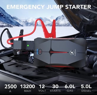 FLYLINKTECH 2500A Jump Starter in action, reviving a car battery with its compact, waterproof and built-in LED flashlight