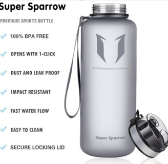 Super Sparrow Sports Water Bottle, showcasing 1.5L capacity, one-click flip top, and BPA-free Tritan material, and perfect