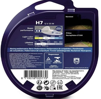 Philips Racing Vision GT200 H7 headlight bulbs installed in a car, illuminating the road with +200% brighter, ultra-precise