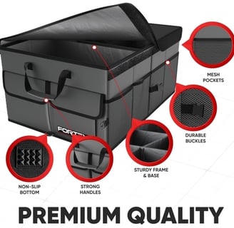 FORTEM Car Boot Organiser with multiple compartments and securing straps.