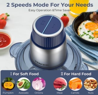 Tenker Food Processor with dual 2L bowls, bi-level blades, and a non-slip pad for effortless meal prep.