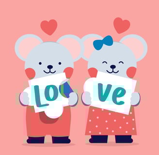 two bears holding up signs with hearts love