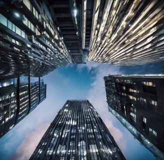 a view of a city skyline with financial skyscrapers