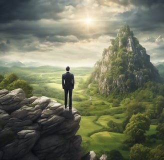 um homem de terno parado em um penhasco com vista para um vale