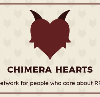 A dark red heart with curved horns above the words "Chimera Hearts: a network for people who care about RPGs".
