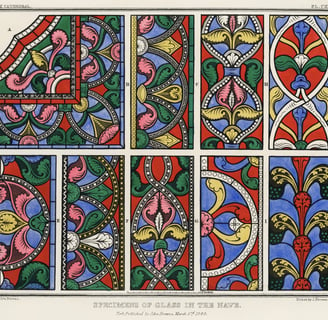 Panels of stained glass designs featuring bold colours and flower motifs.