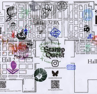 A dungeon-style map of the UKGE 2025 layout, with certain stalls marked. It is overlaid by coloured stamps.