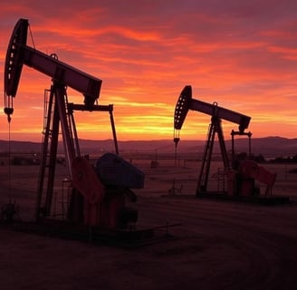 Silhouette of two oil pumpjacks operating against a vibrant orange and pink sunset.