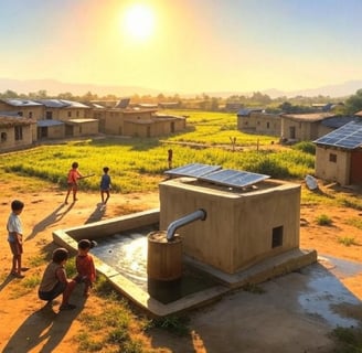 Artistic depiction of a rural Indian village with traditional homes topped with modern solar panels