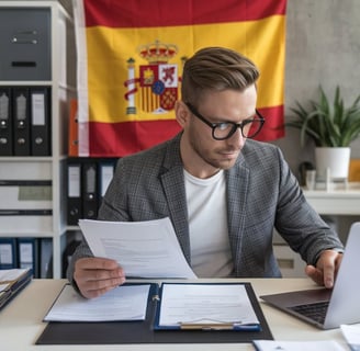 Fotografía de un emprendedor revisando documentos mientras trabaja en su laptop en una oficina
