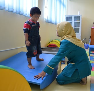 seorang anak yang sedang diterapi okupasi menggunakan alat terapi vestibular