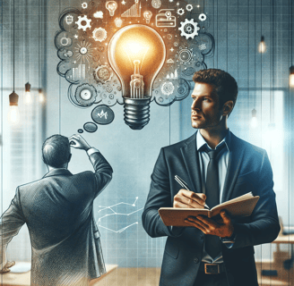 a man in a suit and tie is standing in front of a light bulb bulb