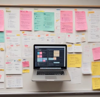 a laptop computer sitting on a white board with sticky notes on it