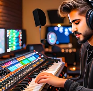 Artiste en studio créant une chanson personnalisée à la demande.