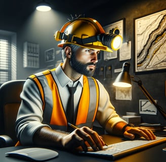 a man in a hard hat and safety vest sitting at a desk