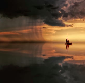 Image of a boat in the water, on one side the sky is stormy, on the other side it is clear