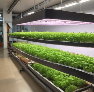 Vibrant green plants with serrated leaves are densely packed in an indoor greenhouse setting. Light fixtures hang from the ceiling, providing a bright environment for cultivation.