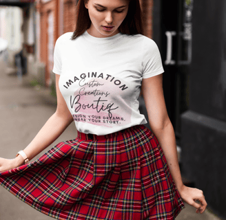 a woman in a white shirt and plaid skirt