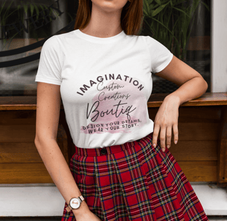 a woman in a white shirt and plaid skirt