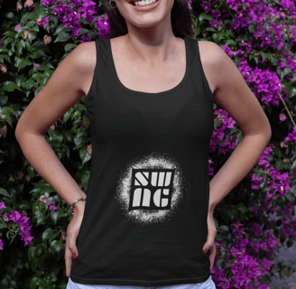 a woman in a tank top and shorts with a black tank top