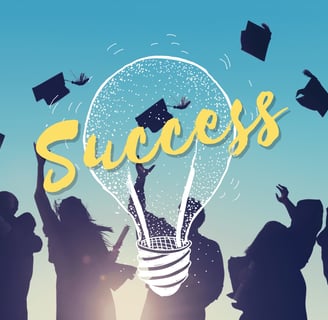 Light bulb and graduating students depicting success and enlightenment. Soft skills.  