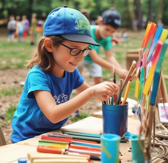 Three people are engaged in an art project, working on a mural with a colorful scene depicting figures dancing and landscapes. Several art supplies, including paint tubes, brushes, and plates with mixed colors, are spread across a table. The mural features vibrant blues, greens, and earthy tones.