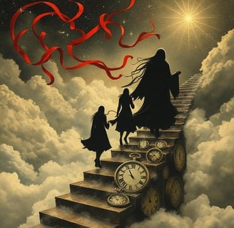 a woman walking up a flight of stairs with a clock