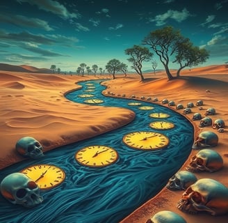 a stream of water with skulls and skulls in the desert
